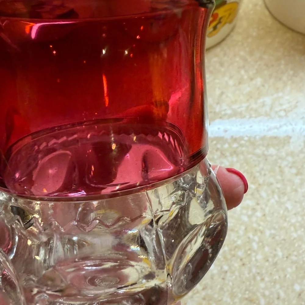 Ruby Red and Clear Glass Goblet Kings Thumbprint